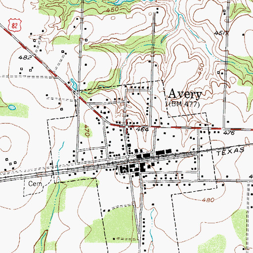 Topographic Map of Avery, TX