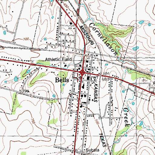 Topographic Map of Bells, TX