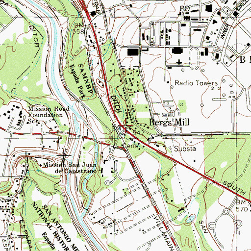 Topographic Map of Bergs Mill, TX