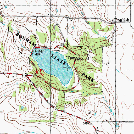 Topographic Map of Bonham State Park, TX