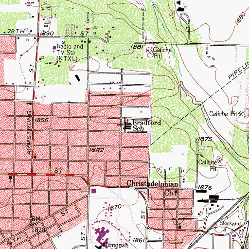 Topographic Map of Bradford School, TX
