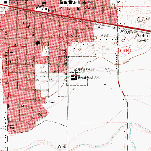 Topographic Map of Bradford School, TX