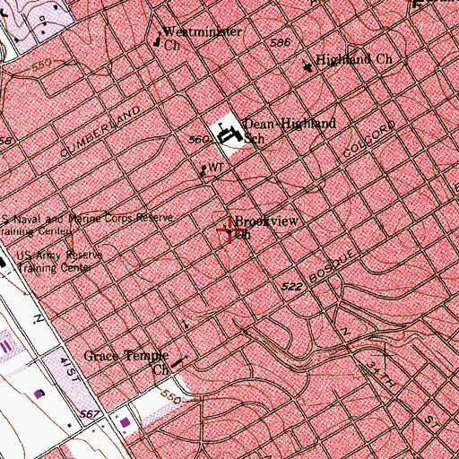 Topographic Map of Brookview Church, TX