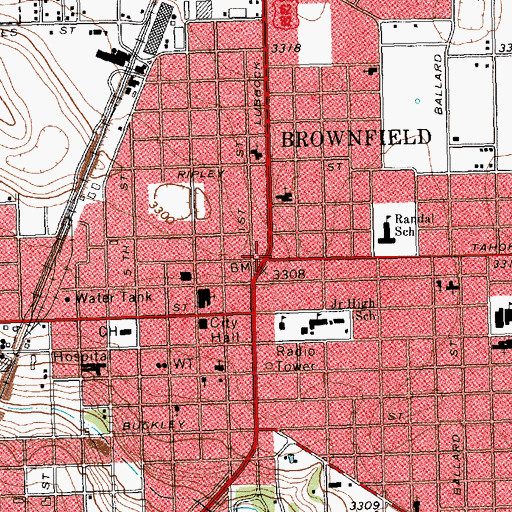 Topographic Map of Brownfield, TX