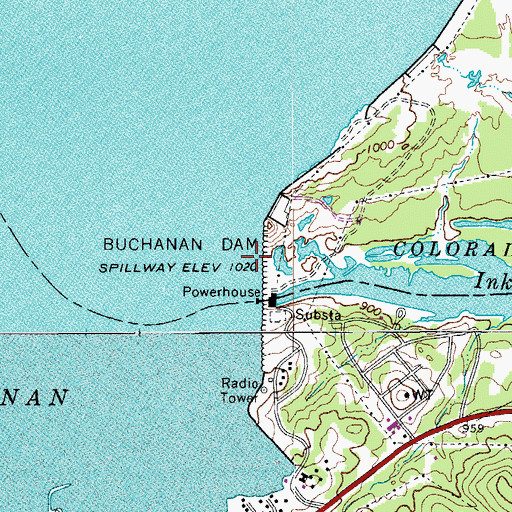 Topographic Map of Buchanan Dam, TX