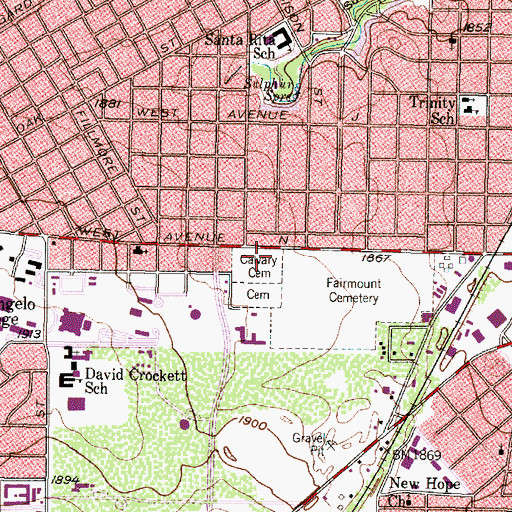 Topographic Map of Calvary Cemetery, TX