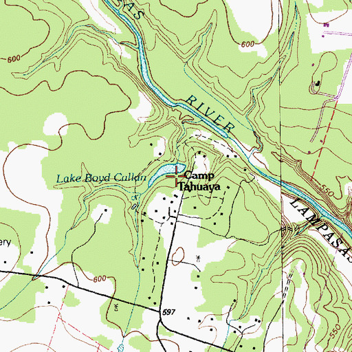 Topographic Map of Camp Tahuaya, TX