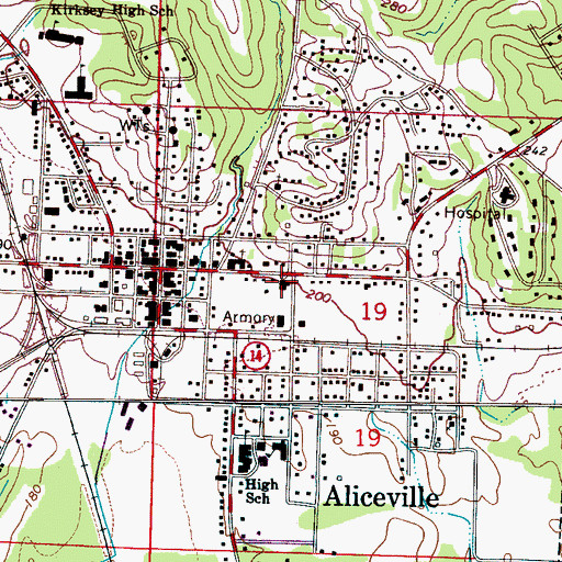 Topographic Map of Aliceville Graded School (historical), AL