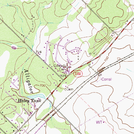 Topographic Map of Conrads Cemetery, TX