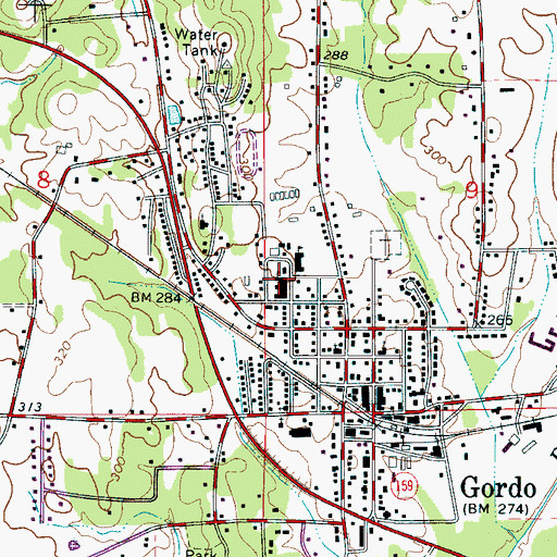Topographic Map of Gordo High School, AL