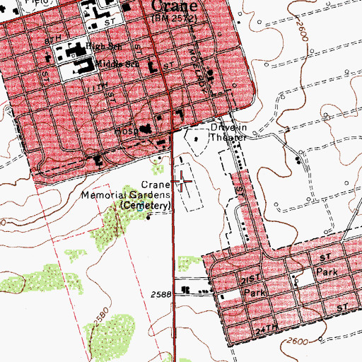 Topographic Map of Crane Memorial Gardens, TX