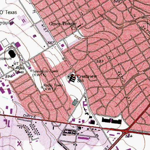 Topographic Map of Crestview School, TX