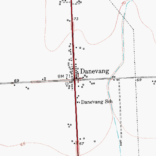 Topographic Map of Danevang, TX