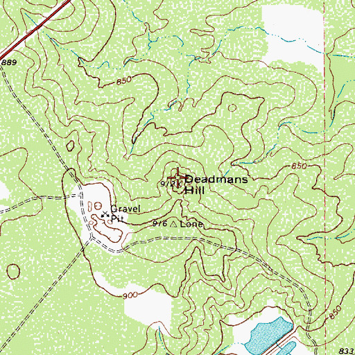 Topographic Map of Deadmans Hill, TX