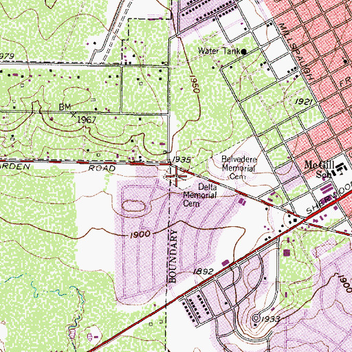 Topographic Map of Delta Memorial Cemetery, TX