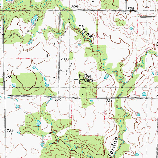 Topographic Map of Dye Cemetery, TX