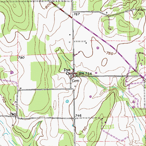 Topographic Map of Dye Church, TX