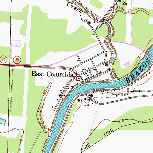 Topographic Map of East Columbia, TX