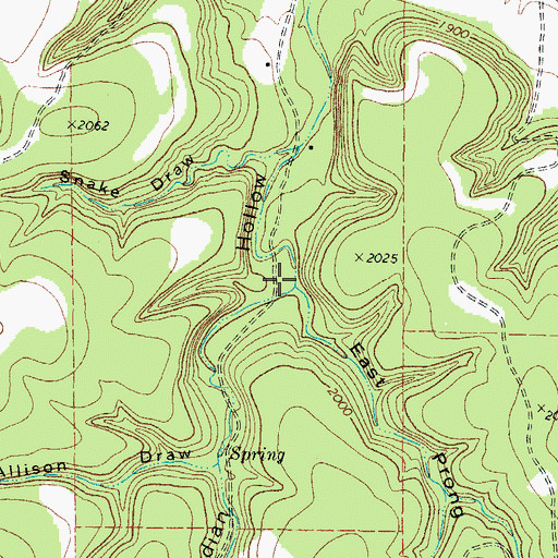 Topographic Map of East Prong Indian Hollow, TX