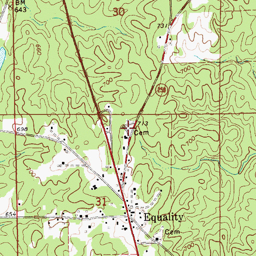 Topographic Map of Equality Cemetery, AL