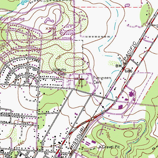 Topographic Map of Evergreen Cemetery, TX
