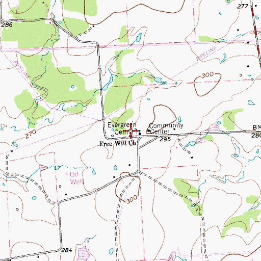 Topographic Map of Evergreen Cemetery, TX