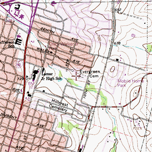 Topographic Map of Evergreen Cemetery, TX