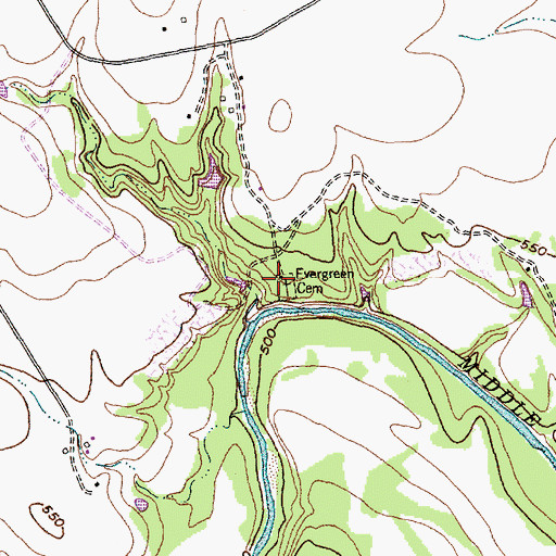 Topographic Map of Evergreen Cemetery, TX