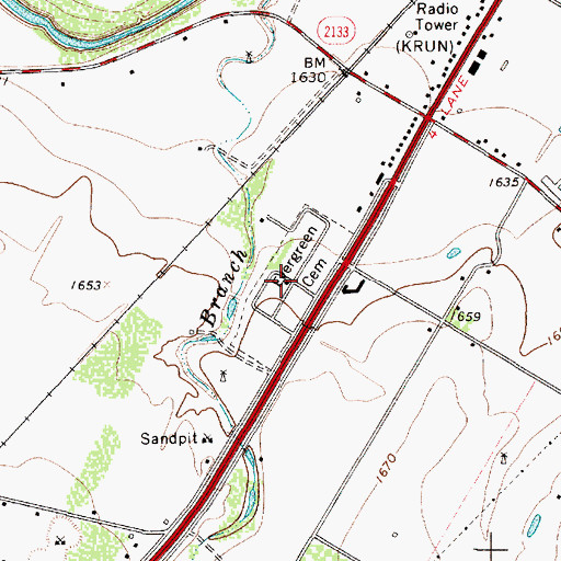 Topographic Map of Evergreen Cemetery, TX