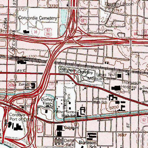 Topographic Map of Evergreen Cemetery, TX