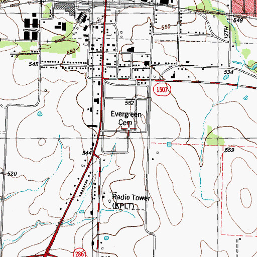 Topographic Map of Evergreen Cemetery, TX