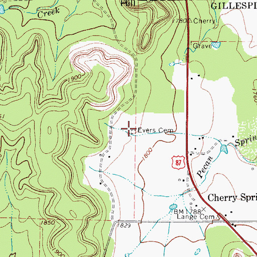 Topographic Map of Evers Cemetery, TX