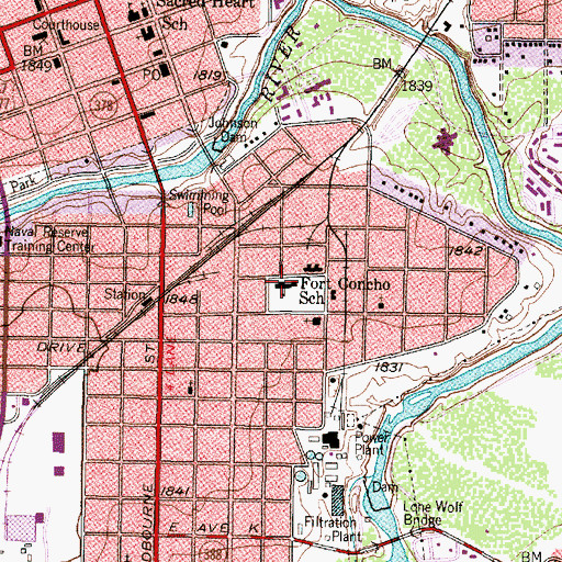 Topographic Map of Fort Concho School, TX