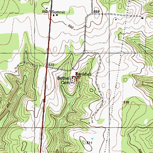 Topographic Map of Hardshell Cemetery, TX