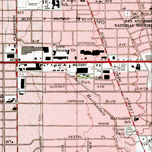 Topographic Map of Harlandale Park, TX