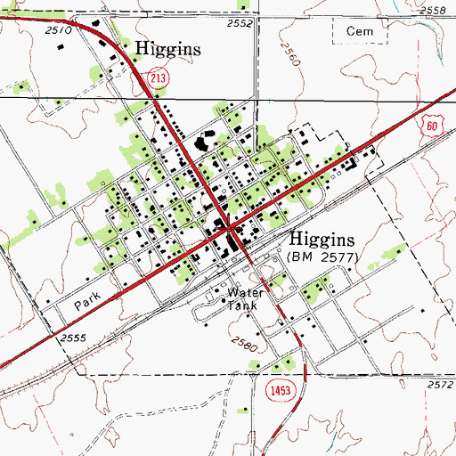 Topographic Map of Higgins, TX