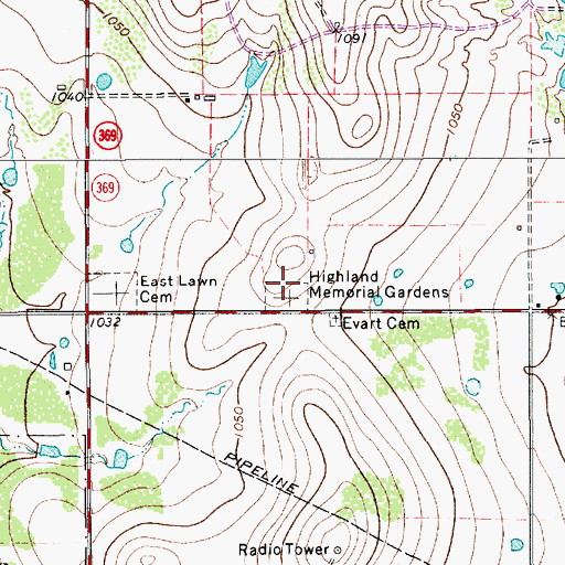 Topographic Map of Highland Memorial Gardens, TX
