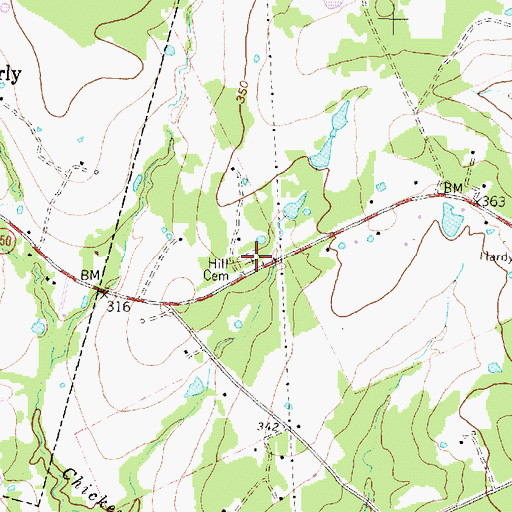 Topographic Map of Hill Cemetery, TX