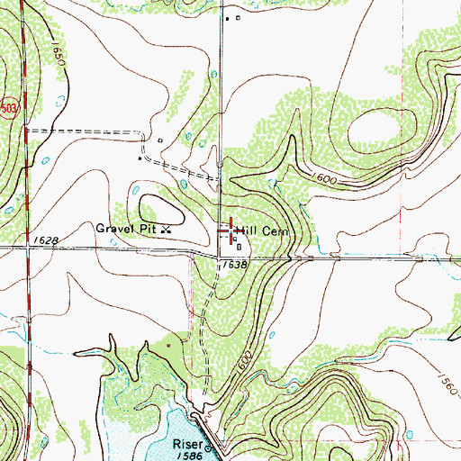 Topographic Map of Hill Cemetery, TX