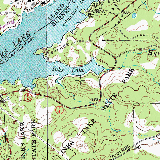Topographic Map of Inks Lake State Park, TX