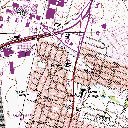 Topographic Map of Jefferson School, TX