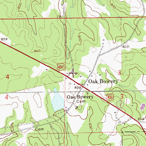 Topographic Map of Oak Bowery Church, AL