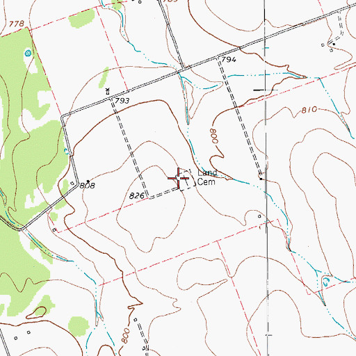 Topographic Map of Land Cemetery, TX