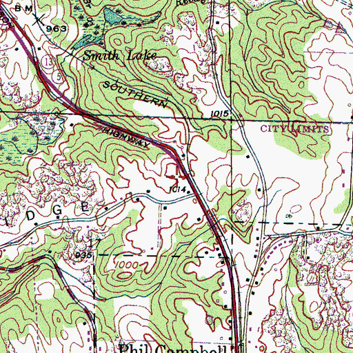 Topographic Map of Phil Campbell Church of God of Prophecy, AL