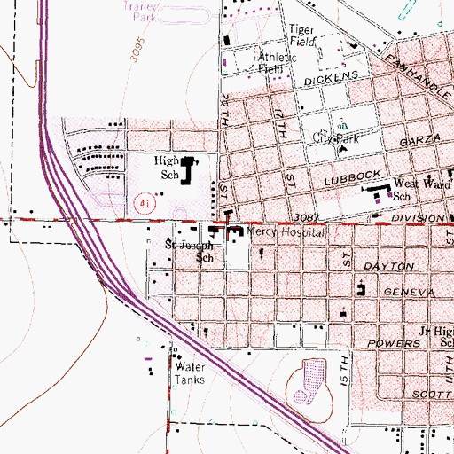 Topographic Map of Mercy Hospital, TX