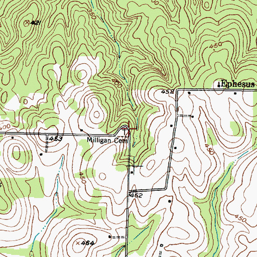 Topographic Map of Milligan Cemetery, TX