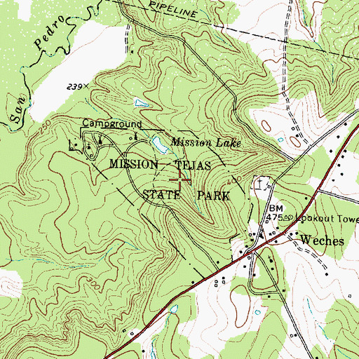 Topographic Map of Mission Tejas State Park, TX