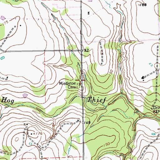 Topographic Map of Mistletoe Cemetery, TX
