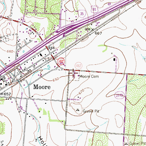 Topographic Map of Moore Cemetery, TX
