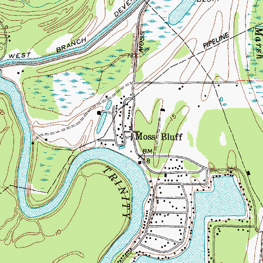 Topographic Map of Moss Bluff, TX